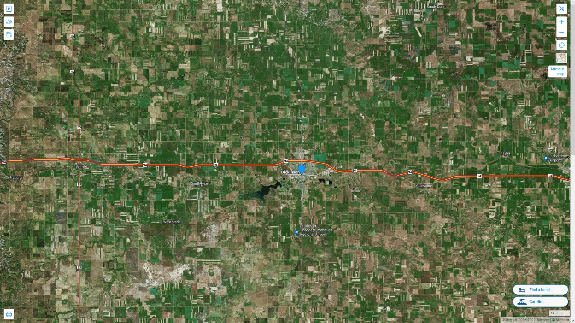 Dickinson North Dakota Highway and Road Map with Satellite View